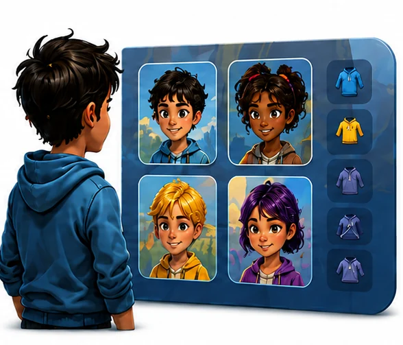 Un garçon explore les personnages et les tenues de son avatar.