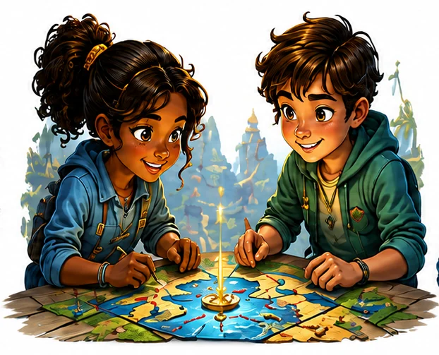 Deux enfants résolvent une énigme autour d’une carte.