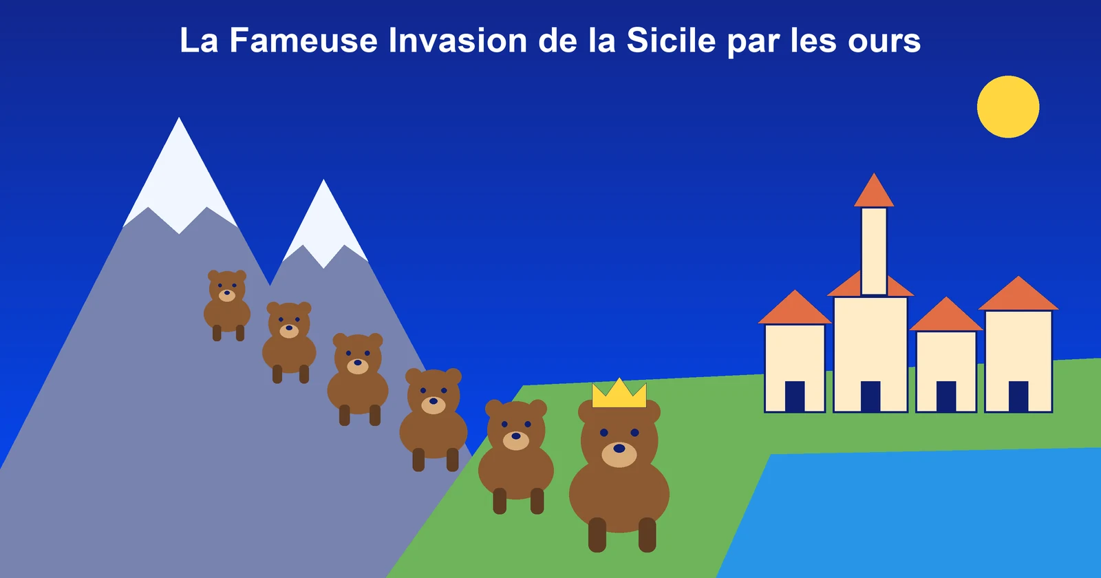 Le roi des ours, couronne sur la tête, descend des montagnes enneigées à la tête de son peuple vers une ville de Sicile, au bord de la mer.